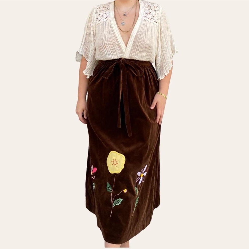 Vintage 70s handmade velvet floral patchwork maxi skirt